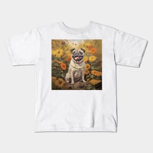 Cute Pug in Fall Flowers Kids T-Shirt